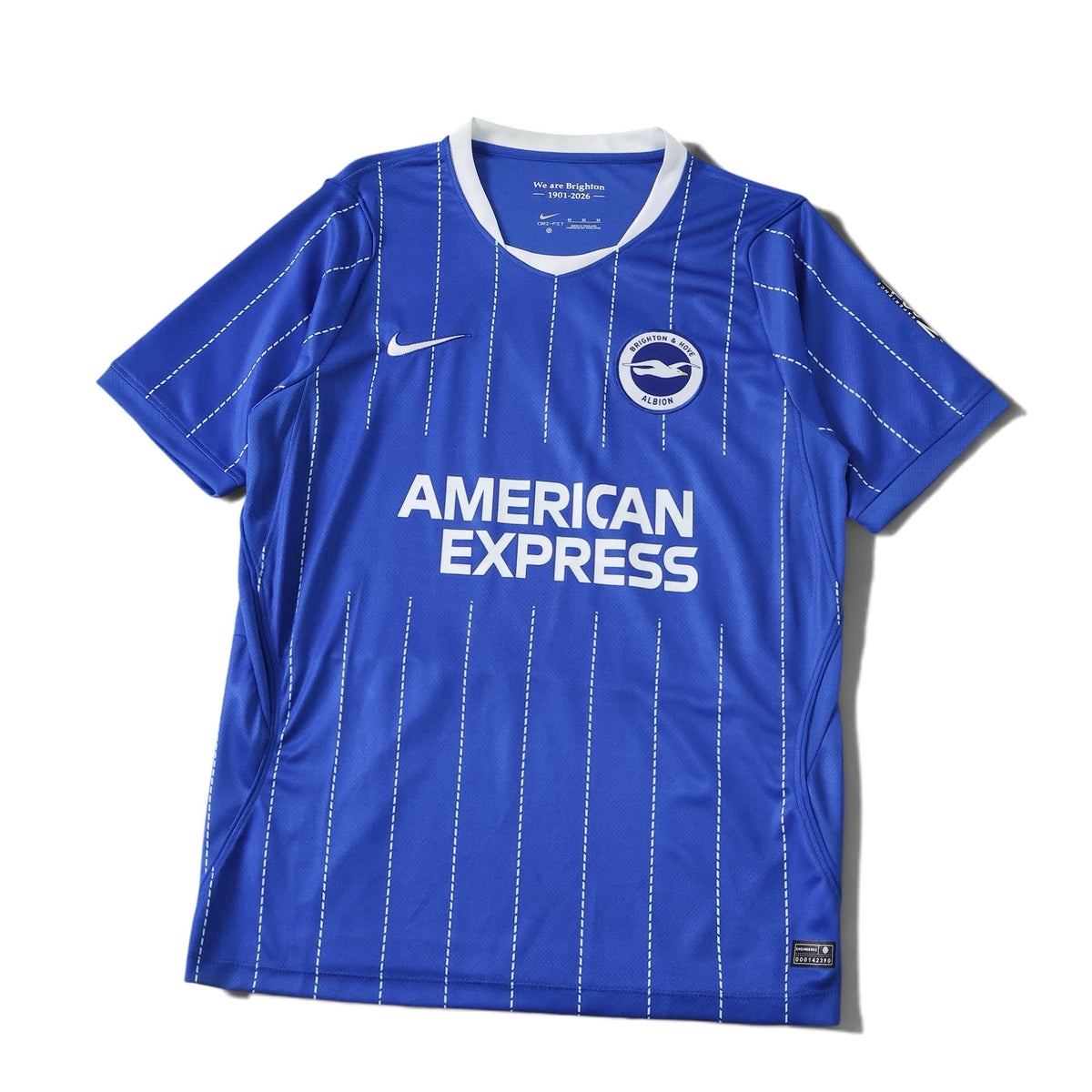 Europe Kits Brighton and Hove Albion home jersey in blue with white pinstripes, club crest, and Nike Dri-FIT fabric.